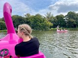 Foto: Person mit blonden Zöpfen fährt in einem pinken Flamingo-Tretboot über einen See, Im Hintergrund grüne Bäume und ein weiteres Flamingo-Tretboot. 