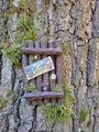 Wichteltür, gebastelt aus kleinen Ästen, an einem Baumstamm. Daran ein Schild mit der Aufschrift „Dannys Spielzimmer".