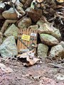 Holztür mit verschiedenen Hinweisschildern. Unter anderem ist ein Schild mit der Aufschrift "Zutritt verboten". Angebracht in einem Steinhaufen