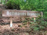 Hinweisschild aus Holz im Wald, mit der Aufschrift Bellmanns Brunnen