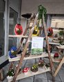 Foto unserer Pflanzenleiter zum Ostermarkt: Auf einer Holzleiter befinden sich auf drei Brettern, die jeweils auf den Sprossen der Leiter liegen, selbstgefertigte Osterdekoration.
