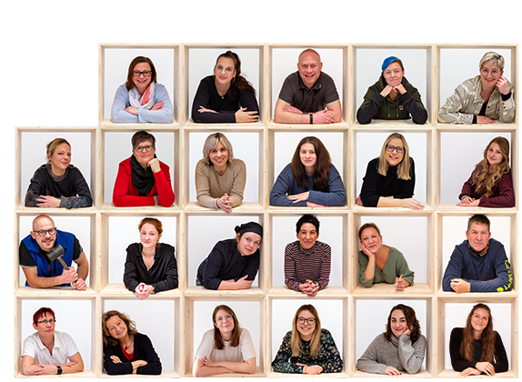 Foto des Teams des BTZ Gera, wobei jede*r einzelne Mitarbeitende in einem eigenen Rahmen dargestellt ist.