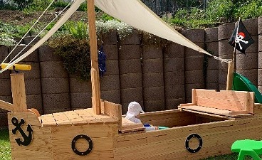 Teaserbild: Ein Kind spielt in einem Sandkasten in Piratenschiffform