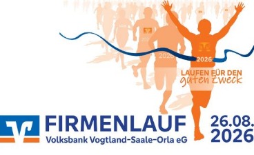 Offizielles Werbebanner des Firmenlaufes, mit Datum und orangefarbig stilisierten Läufer*innen