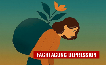 Symbolbild Depression: Eine Illustration zeigt eine Frau, die einen schweren Rucksack trägt, aus dem eine Blume wächst. Text im Bild: Fachtagung Depression