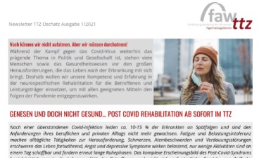 Ausschnitt aus dem Kopf des Newsletters des TTZ Oschatz, Ausgabe 1_2021, mit Einleitungstext, Foto einer Frau, die ihre Mund-Nasen-Bedeckung abnimmt